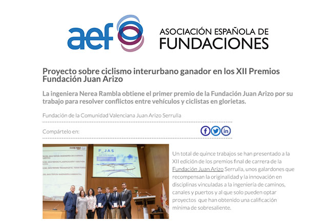 Noticia sobre la XII edición de los Premios Juan Arizo en la web de la Asociación Española de Fundaciones