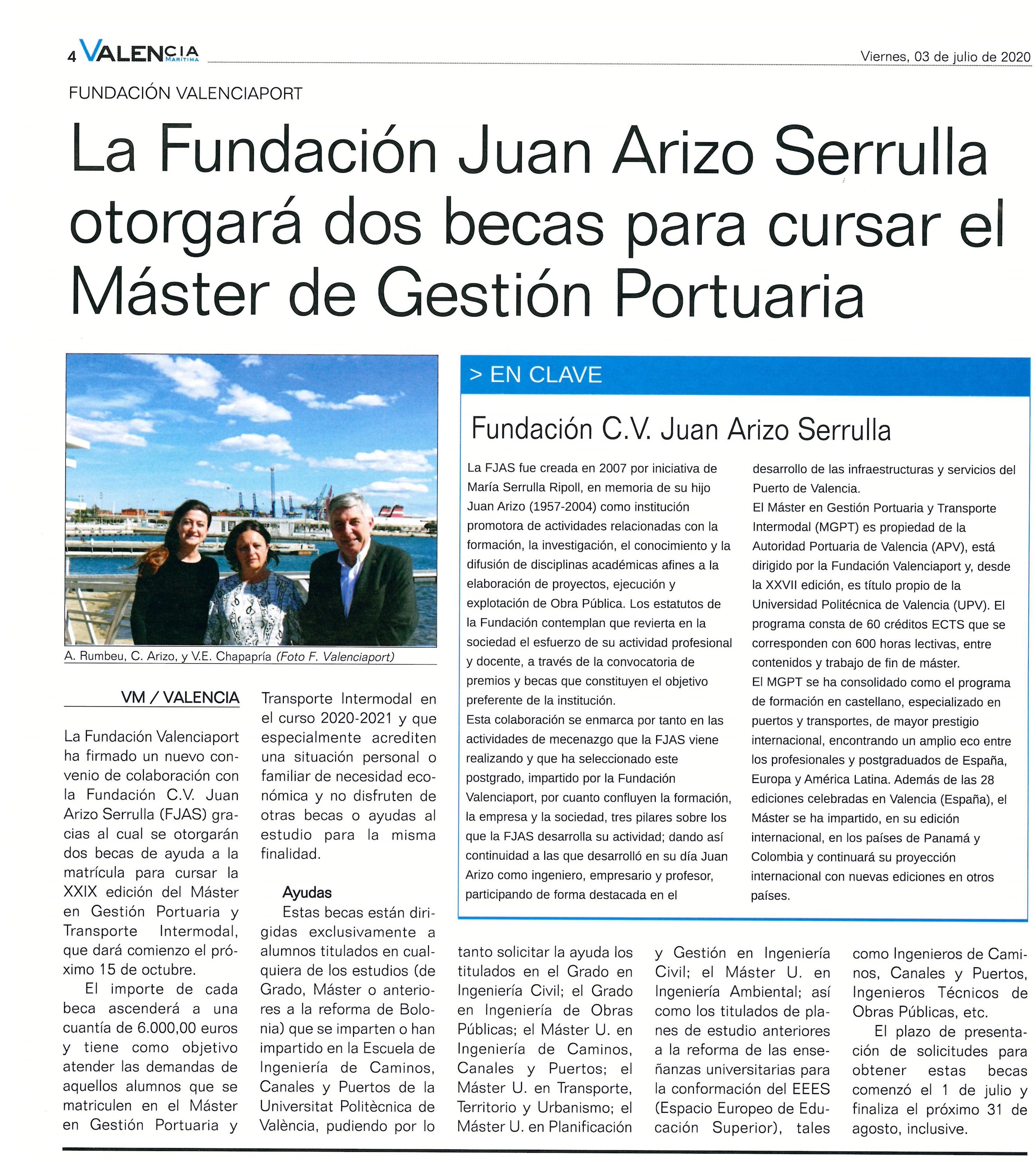 El Diario del Puerto y otros medios se hacen eco de las becas de la Fundación Juan Arizo al Máster en Gestión Portuaria
